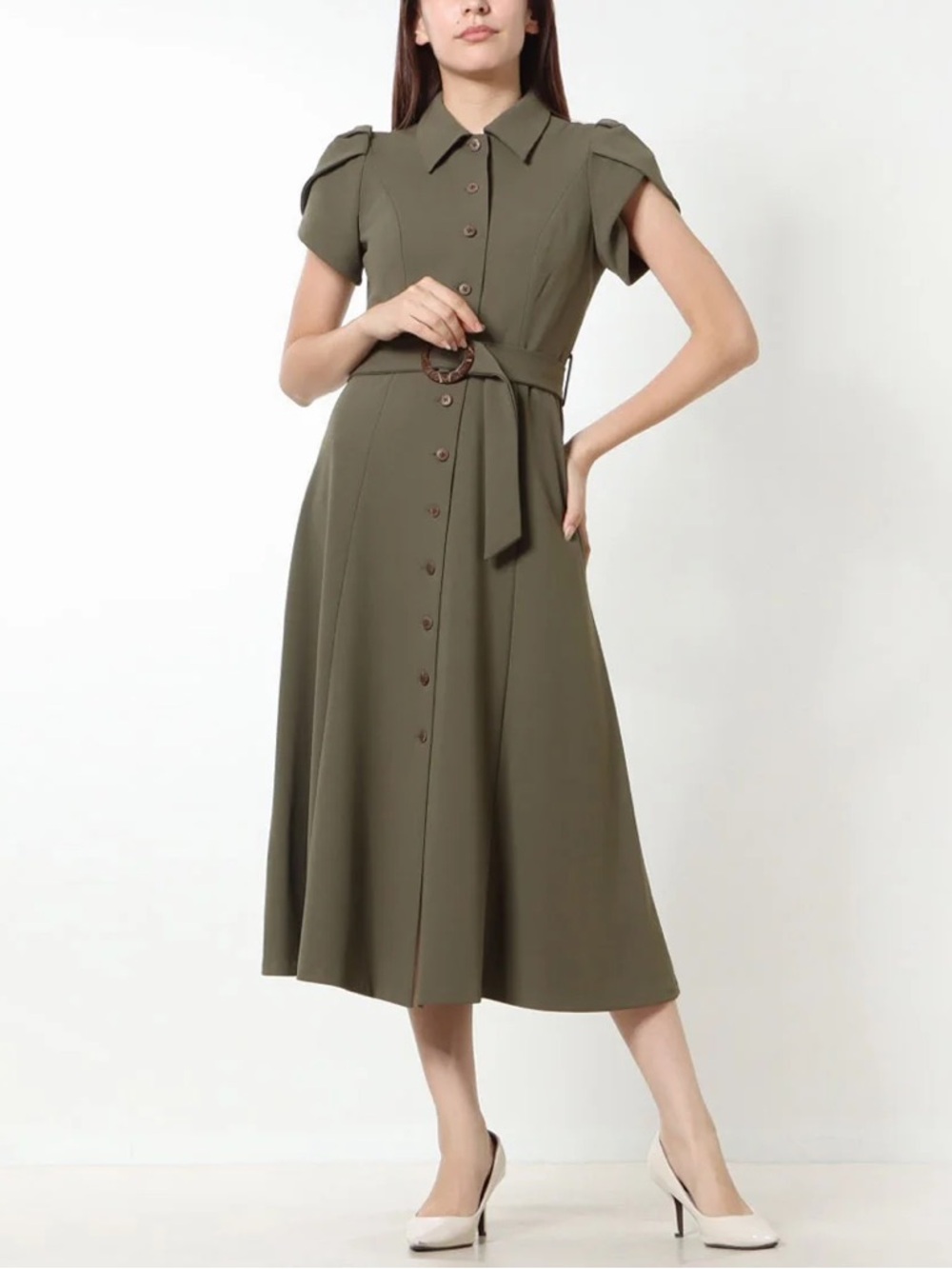 Calvin Klein Olive Green Button-Front Midi Dress with Belt Size 6